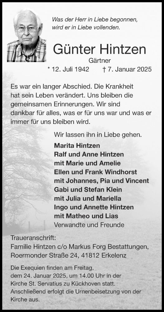 Traueranzeige von Günter Hintzen von Zeitung am Sonntag