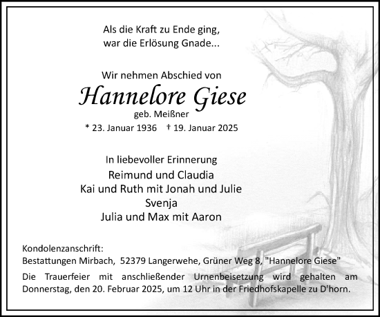 Traueranzeige von Hannelore Giese von Zeitung am Sonntag