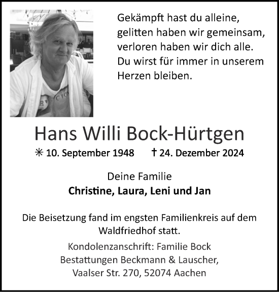 Traueranzeige von Hans Willi Bock-Hürtgen von Aachener Zeitung