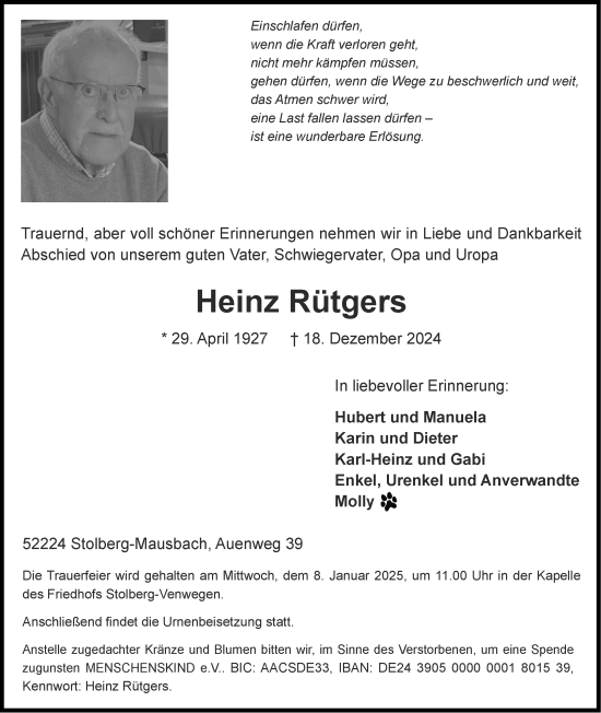 Traueranzeige von Heinz Rütgers von Zeitung am Sonntag