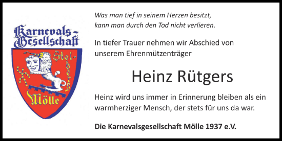 Traueranzeige von Heinz Rütgers von Zeitung am Sonntag