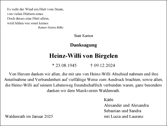 Traueranzeige von Heinz-Willi von Birgelen von Zeitung am Sonntag