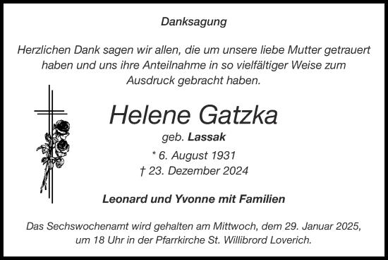 Traueranzeige von Helene Gatzka von Zeitung am Sonntag