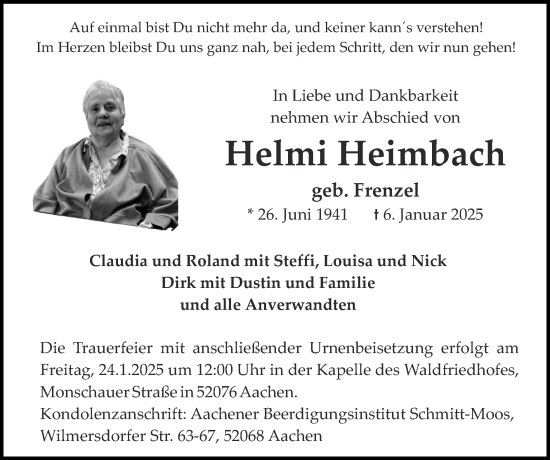 Traueranzeige von Helmi Heimbach von Zeitung am Sonntag
