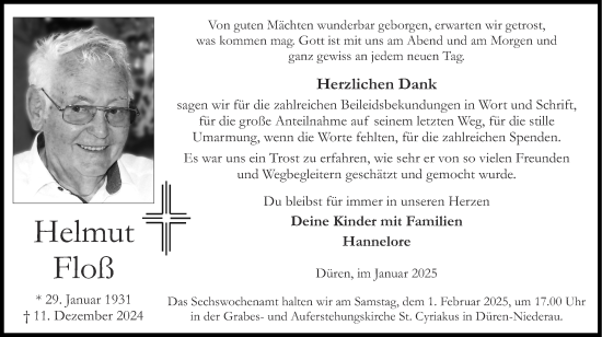 Traueranzeige von Helmut Floß von Zeitung am Sonntag