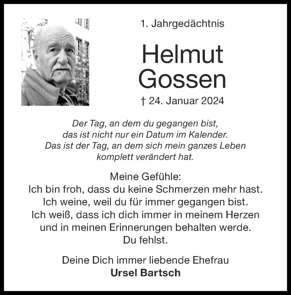  Traueranzeige für Helmut Gossen vom 26.01.2025 aus Zeitung am Sonntag