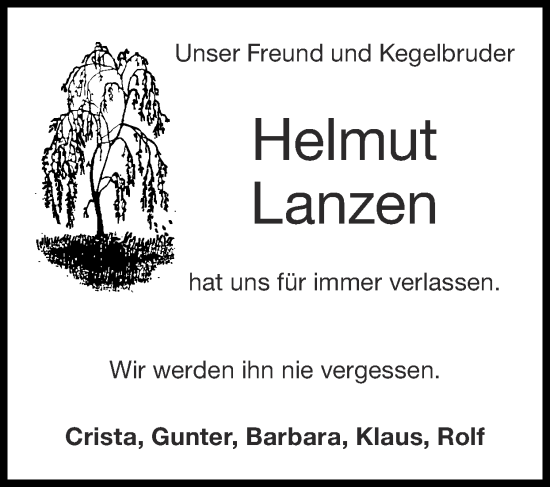 Traueranzeige von Helmut Lanzen von Zeitung am Sonntag