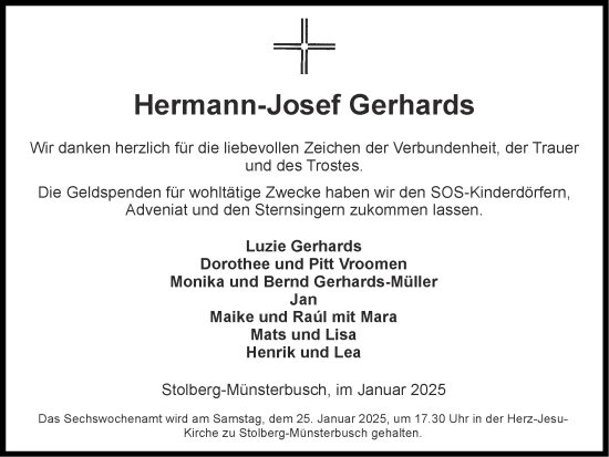 Traueranzeige von Hermann-Josef Gerhards von Zeitung am Sonntag
