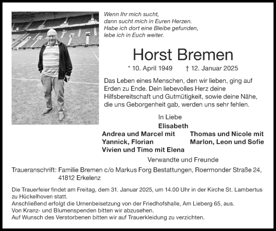 Traueranzeige von Horst Bremen von Zeitung am Sonntag