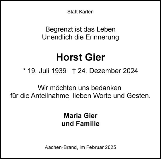 Traueranzeige von Horst Gier von Aachener Zeitung