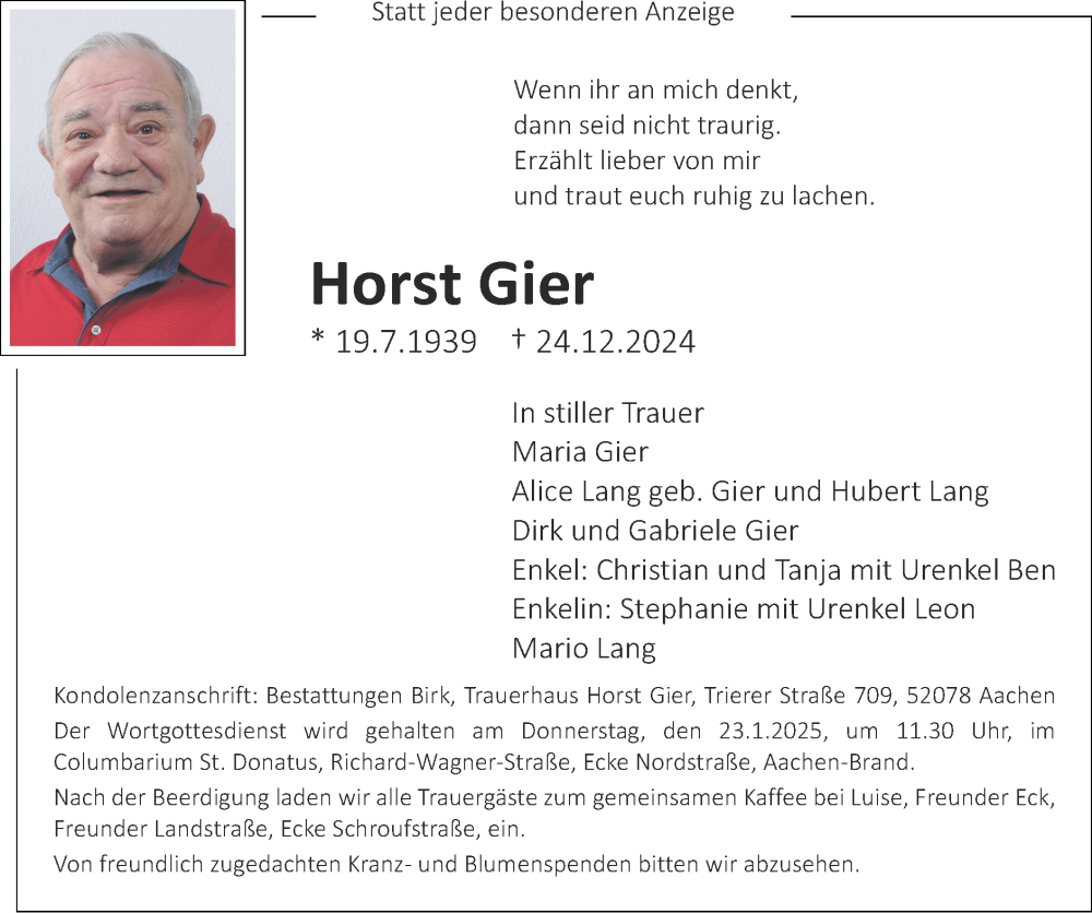  Traueranzeige für Horst Gier vom 12.01.2025 aus Zeitung am Sonntag