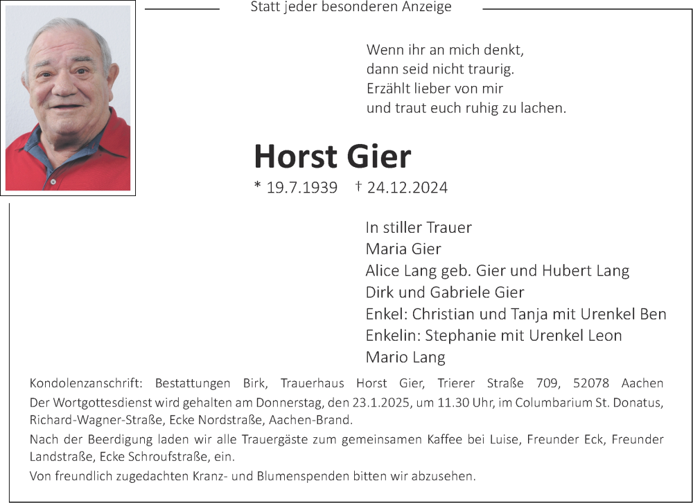 Traueranzeige für Horst Gier vom 11.01.2025 aus Aachener Zeitung