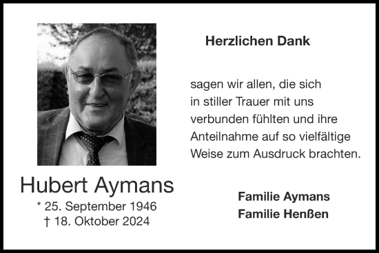 Traueranzeige von Hubert Aymans von Zeitung am Sonntag