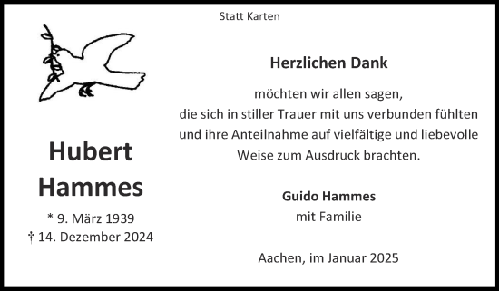 Traueranzeige von Hubert Hammes von Zeitung am Sonntag