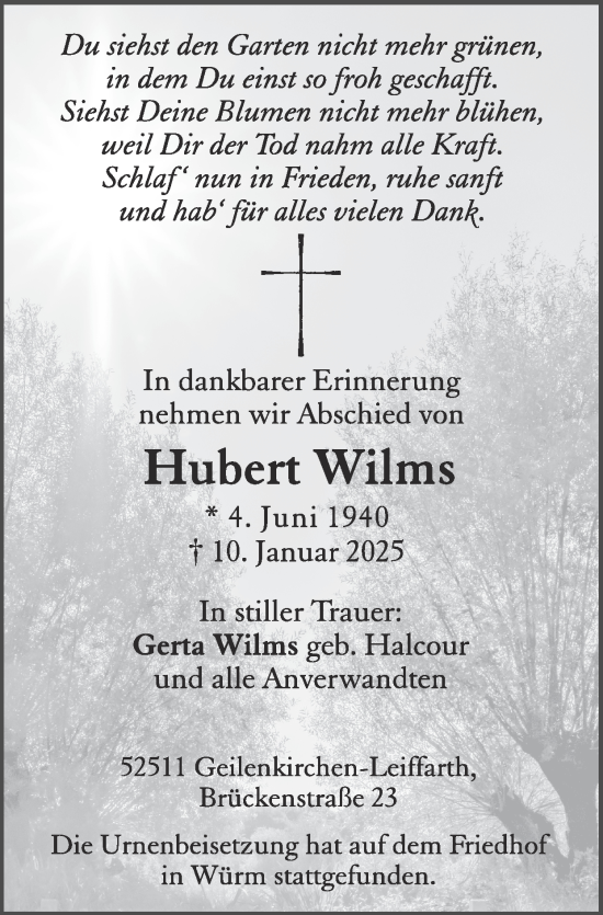 Traueranzeige von Hubert Wilms von Zeitung am Sonntag