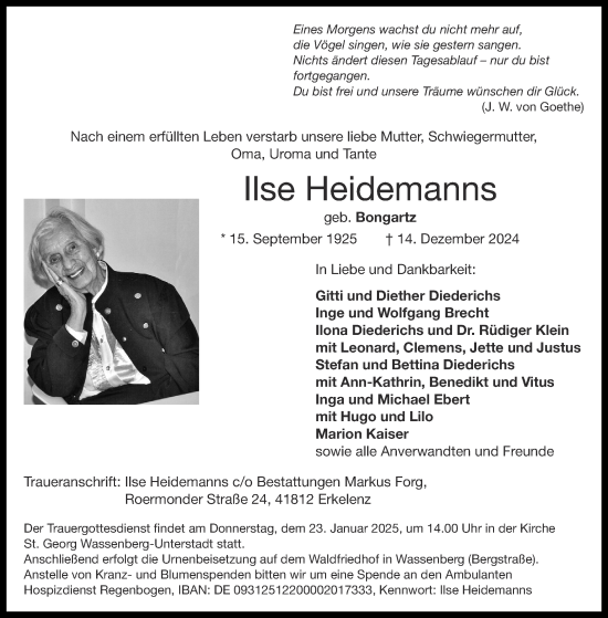 Traueranzeige von Ilse Heidemanns von Aachener Zeitung