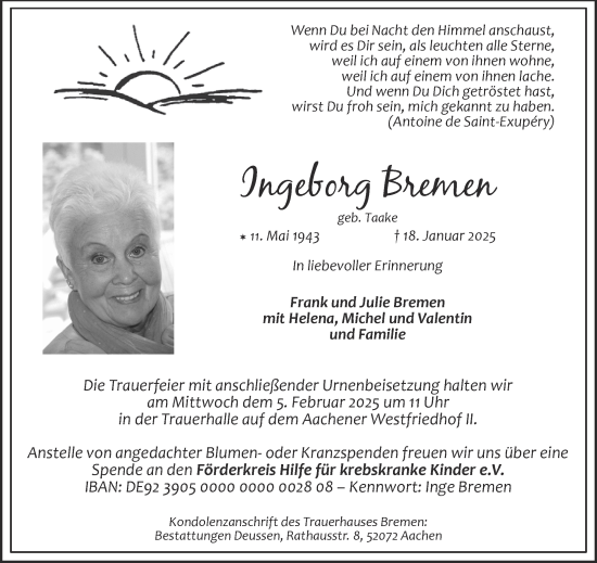 Traueranzeige von Ingeborg Bremen von Aachener Zeitung