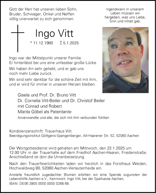 Traueranzeige von Ingo Vitt von Aachener Zeitung