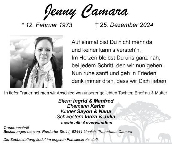 Traueranzeige von Jenny Camara von Zeitung am Sonntag