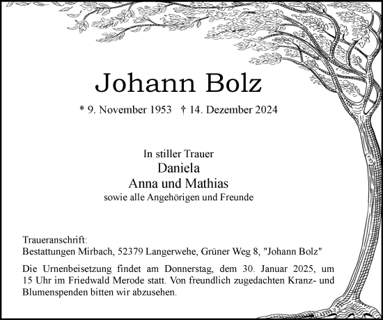 Traueranzeige von Johann Bolz von Zeitung am Sonntag