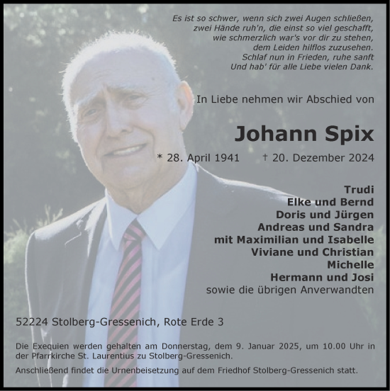Traueranzeige von Johann Spix von Zeitung am Sonntag