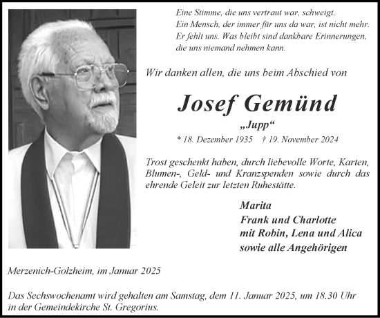 Traueranzeige von Josef Gemünd von Zeitung am Sonntag
