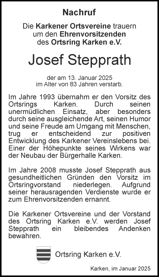 Traueranzeige von Josef Stepprath von Zeitung am Sonntag