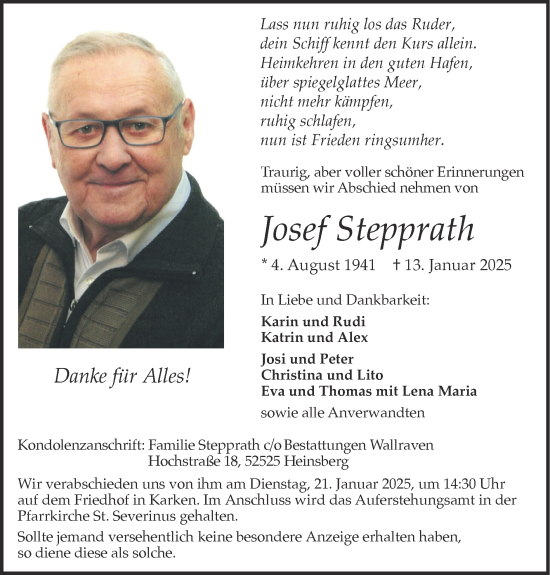 Traueranzeige von Josef Stepprath von Zeitung am Sonntag
