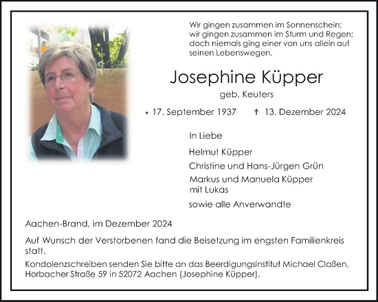 Traueranzeige von Josephine Küpper von Aachener Zeitung