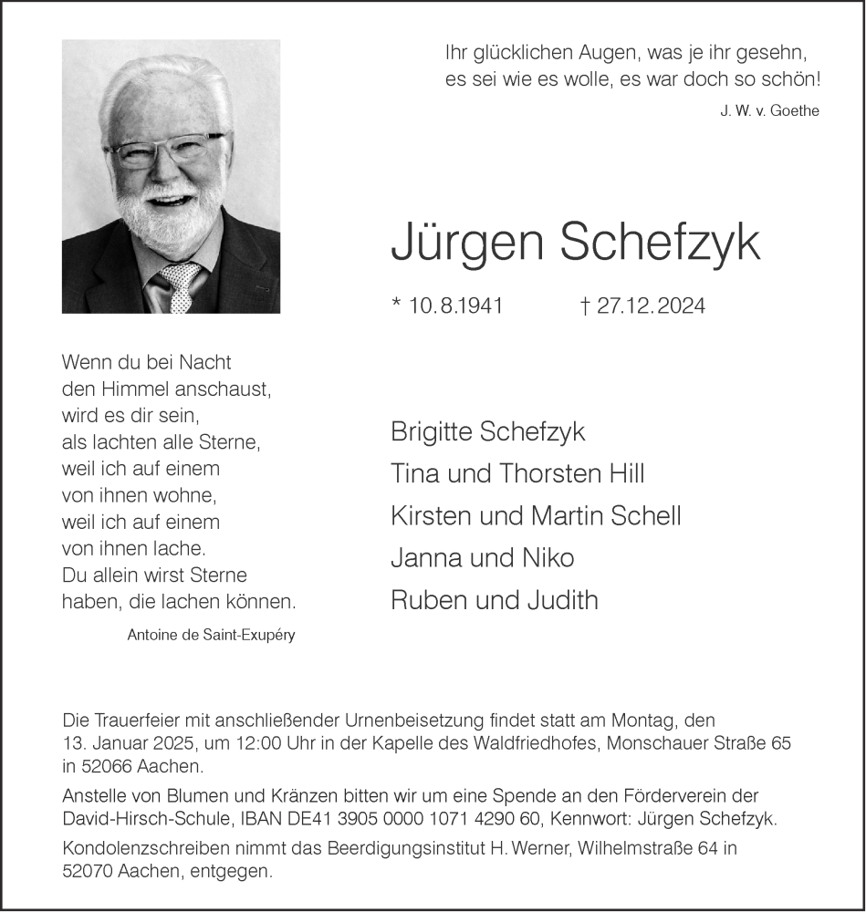  Traueranzeige für Jürgen Schefzyk vom 04.01.2025 aus Aachener Zeitung