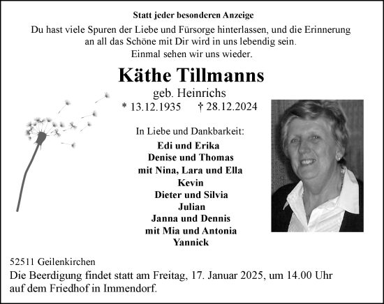 Traueranzeige von Käthe Tillmanns von Zeitung am Sonntag