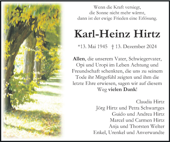 Traueranzeige von Karl-Heinz Hirtz von Zeitung am Sonntag