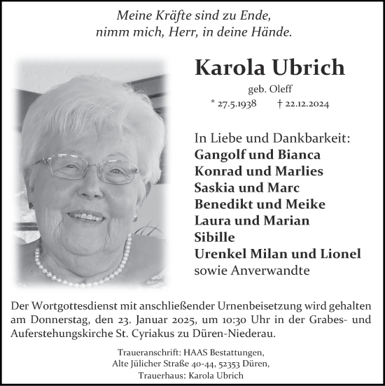 Traueranzeige von Karola Ubrich von Zeitung am Sonntag