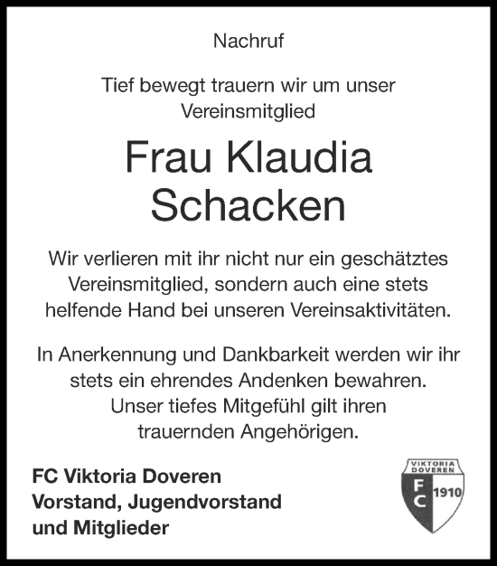 Traueranzeige von Klaudia Schacken von Zeitung am Sonntag