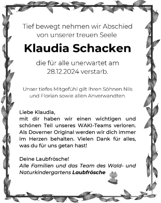 Traueranzeige von Klaudia Schacken von Zeitung am Sonntag