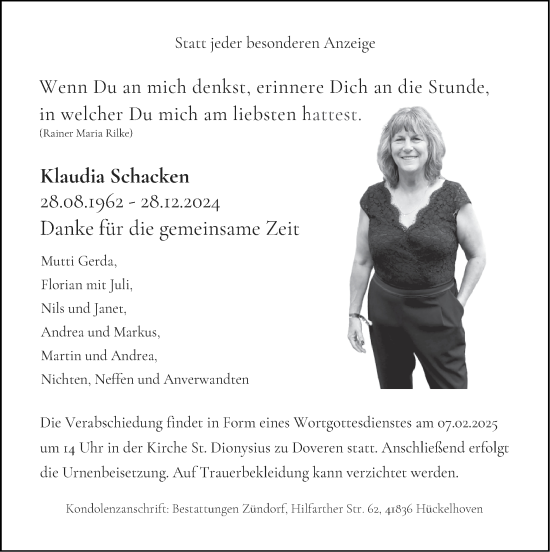 Traueranzeige von Klaudia Schacken von Zeitung am Sonntag