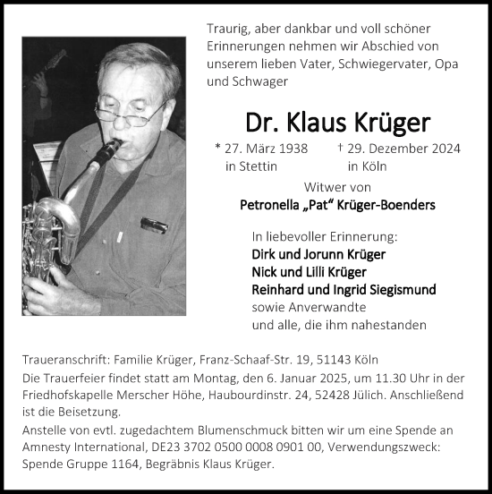 Traueranzeige von Klaus Krüger von Zeitung am Sonntag