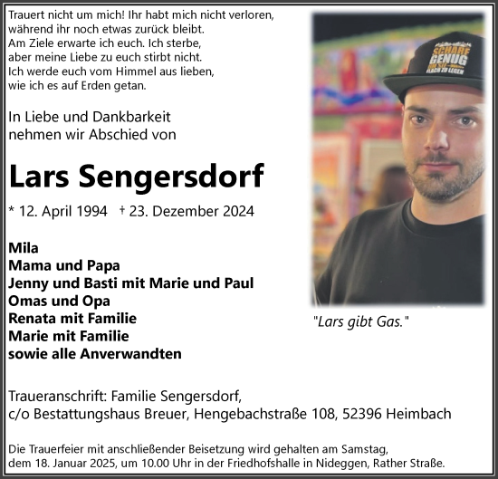 Traueranzeige von Lars Sengersdorf von Zeitung am Sonntag
