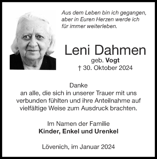 Traueranzeige von Leni Dahmen von Zeitung am Sonntag