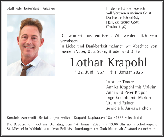 Traueranzeige von Lothar Krapohl von Zeitung am Sonntag