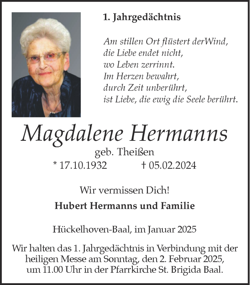  Traueranzeige für Magdalene Hermanns vom 26.01.2025 aus Zeitung am Sonntag