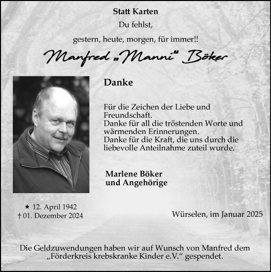 Traueranzeige von Manfred Böker von Zeitung am Sonntag