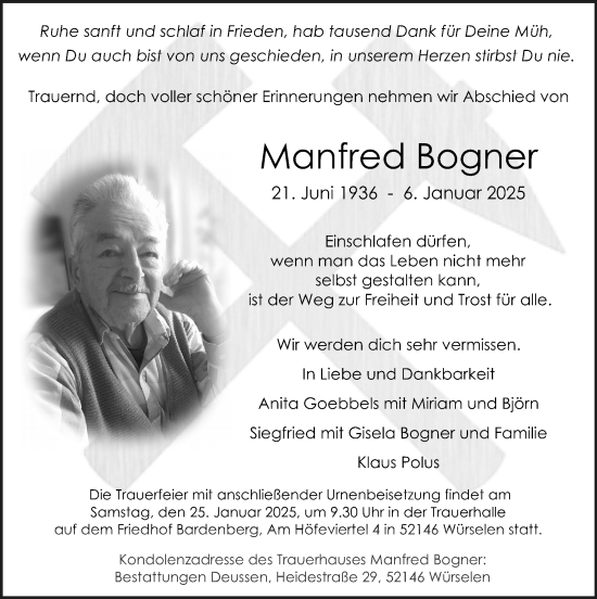 Traueranzeige von Manfred Bogner von Zeitung am Sonntag