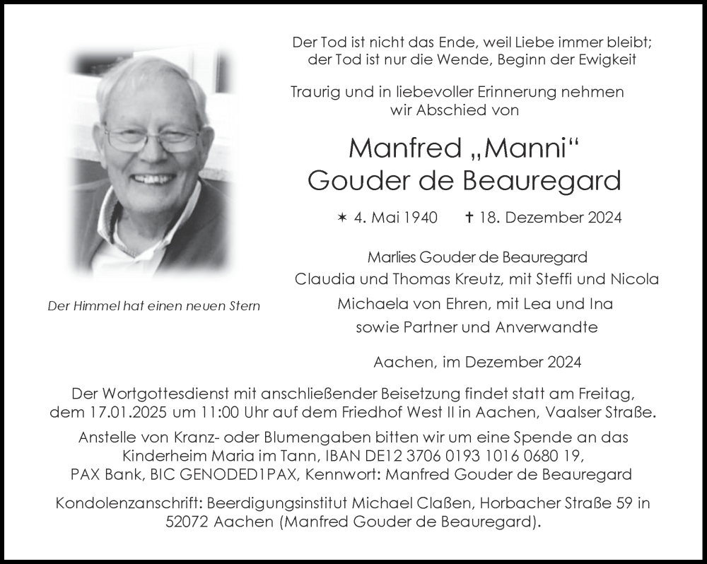  Traueranzeige für Manfred Gouder de Beauregard vom 11.01.2025 aus Aachener Zeitung