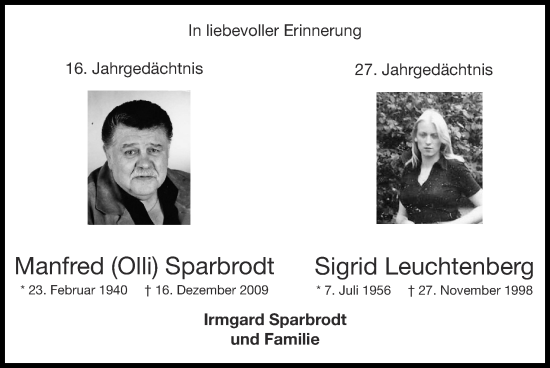 Traueranzeige von Manfred Sparbrodt von Zeitung am Sonntag
