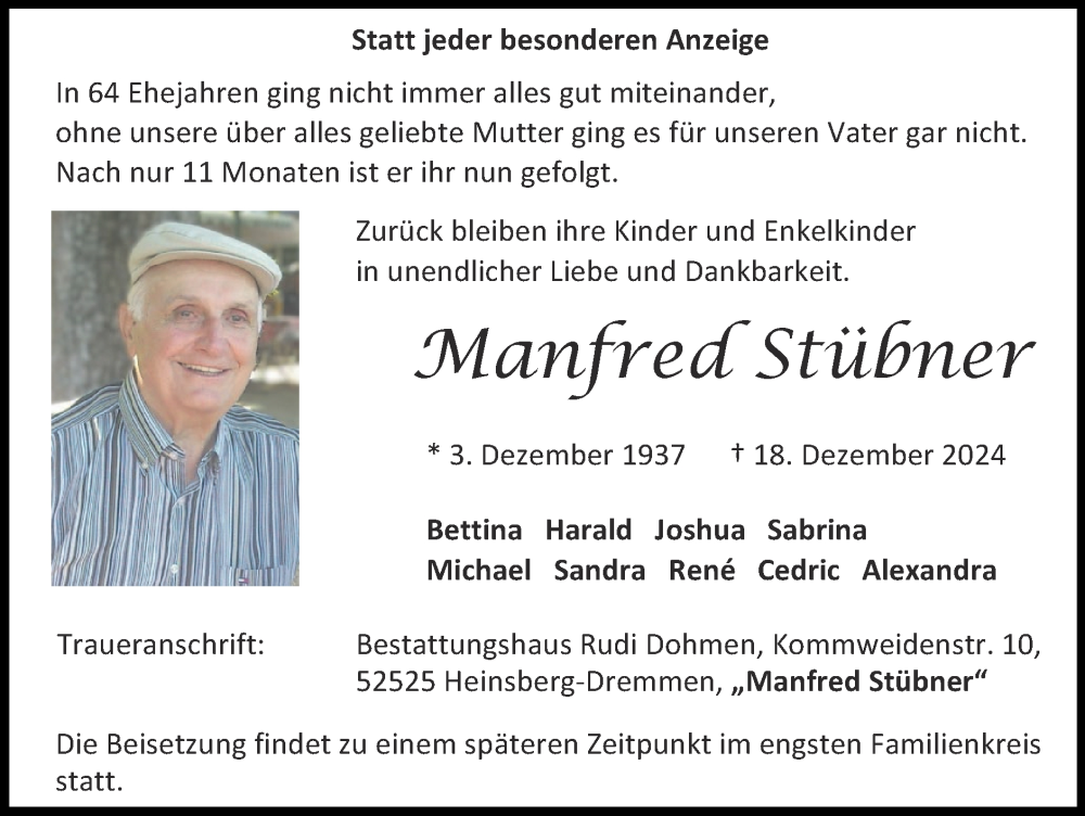  Traueranzeige für Manfred Stübner vom 05.01.2025 aus Zeitung am Sonntag