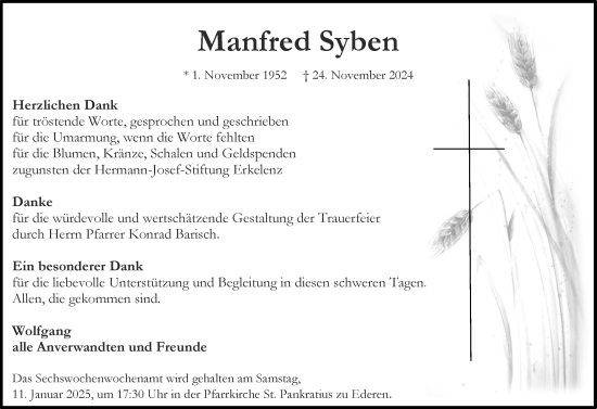 Traueranzeige von Manfred Syben von Zeitung am Sonntag