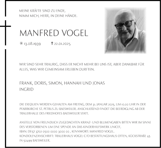 Traueranzeige von Manfred Vogel von Zeitung am Sonntag