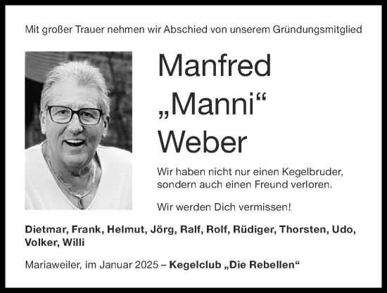Traueranzeige von Manfred Weber von Zeitung am Sonntag