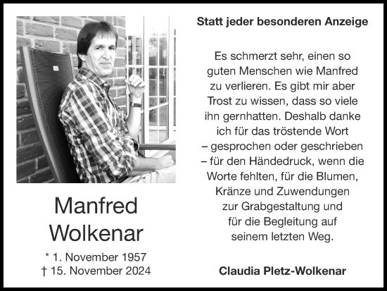 Traueranzeige von Manfred Wolkenar von Zeitung am Sonntag
